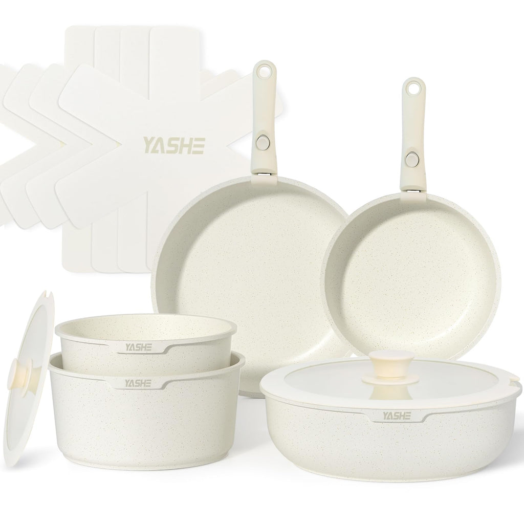 YASHE 13-Piece Nonstick Cookware Set with Detachable Handles – Granite White
