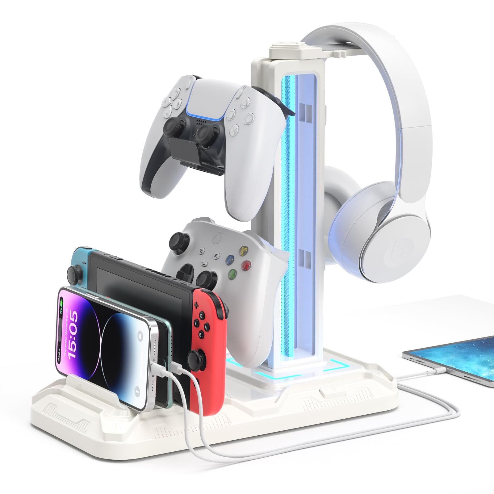 KDD Headset Stand with Charging Station | RGB Controller Holder - White