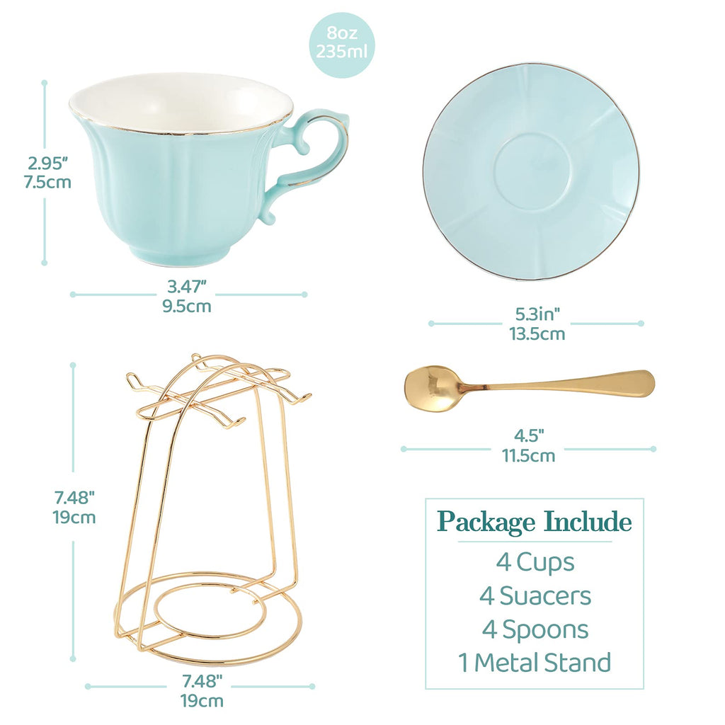 DUJUST Porcelain Tea Cups and Saucers Set of 4 with Stand - Nile Blue