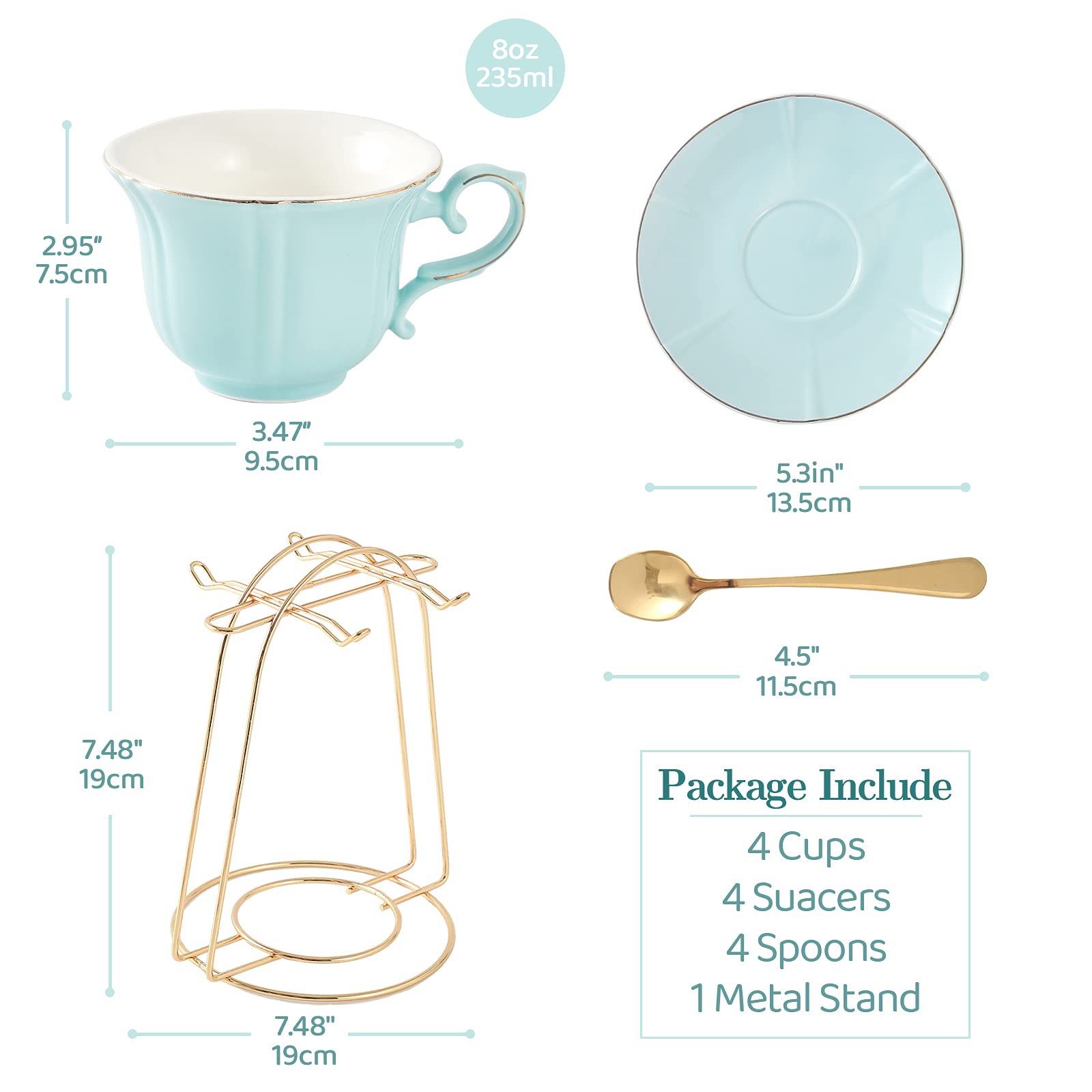 DUJUST Porcelain Tea Cups and Saucers Set of 4 with Stand - Nile Blue