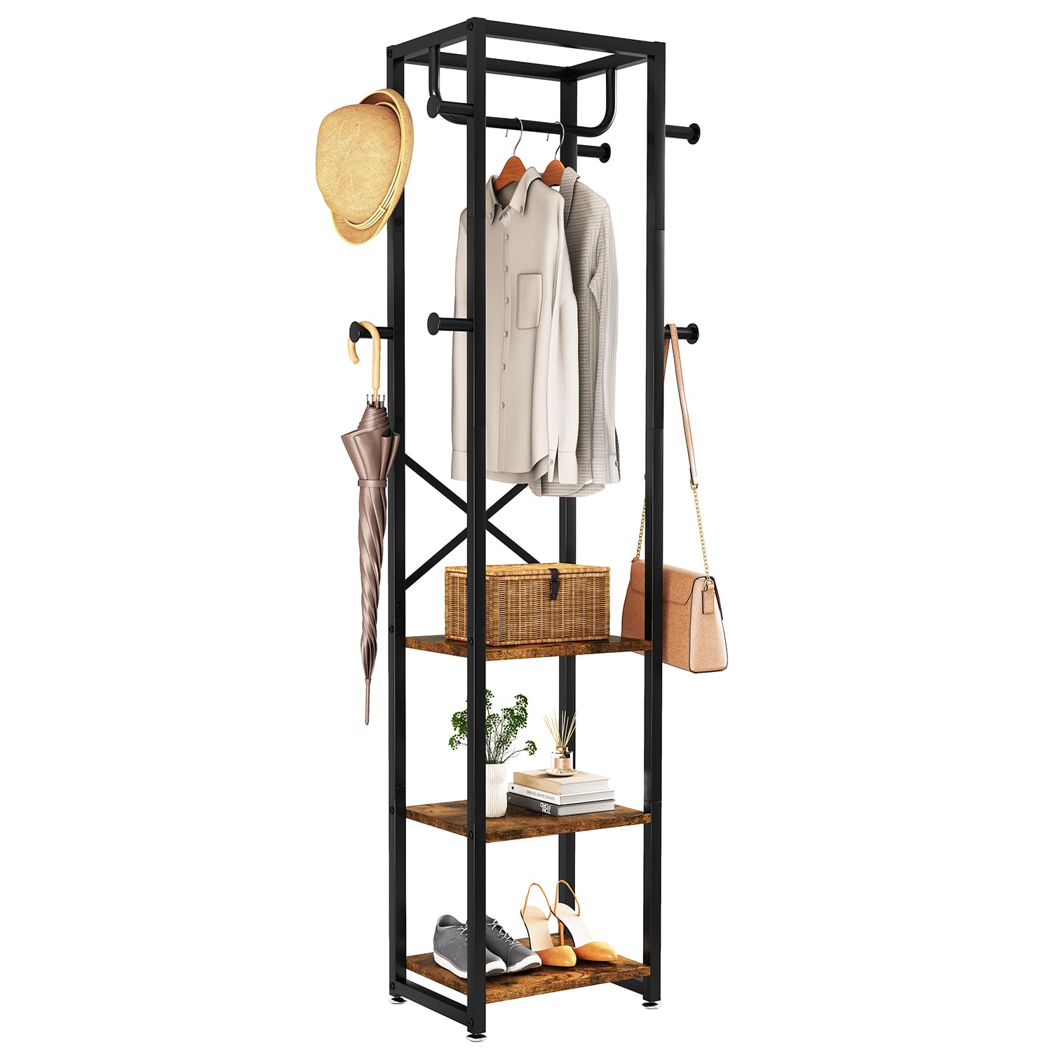 IBUYKE Industrial Coat Rack – Freestanding Hall Tree with 3 Shelves & 8 Hooks