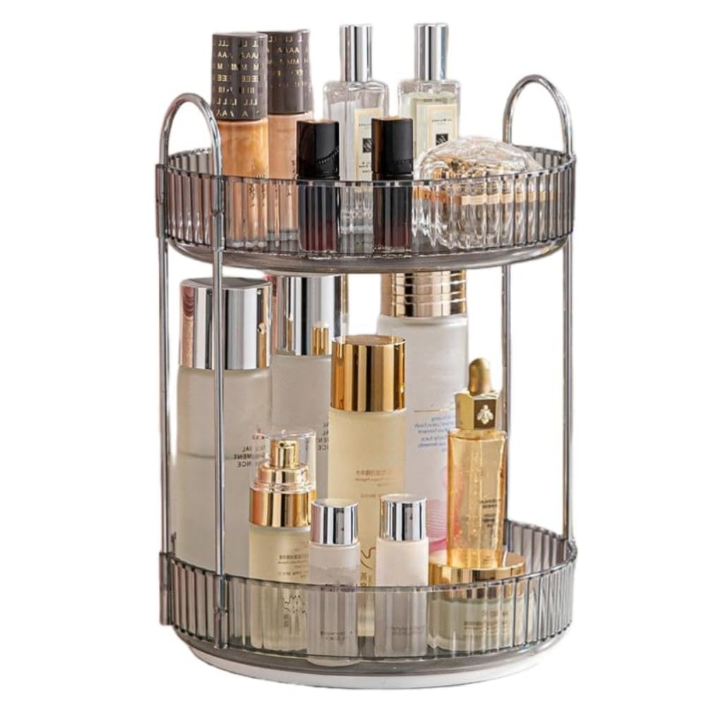 360° Rotating Makeup Organizer | 2-Tier Grey Skincare Storage
