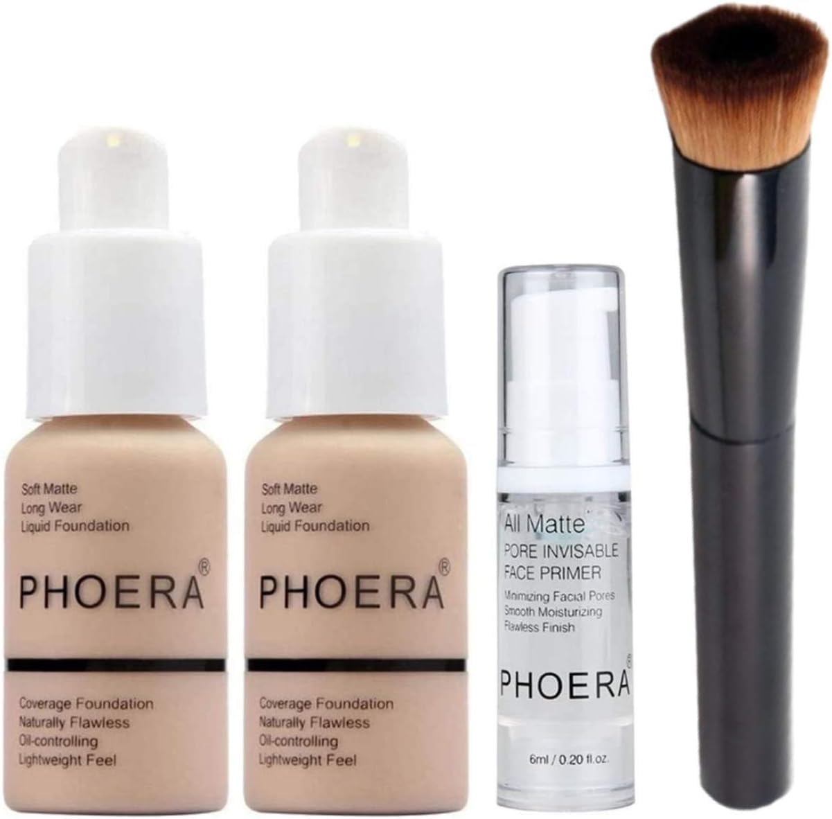 Phoera Full Coverage Makeup Set – Matte Foundation, Primer & Brush