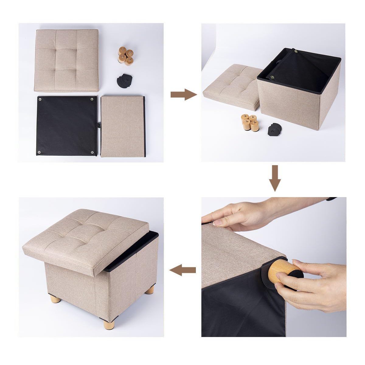 BRIAN & DANY Folding Storage Ottoman – Linen Foot Stool with Wood Legs