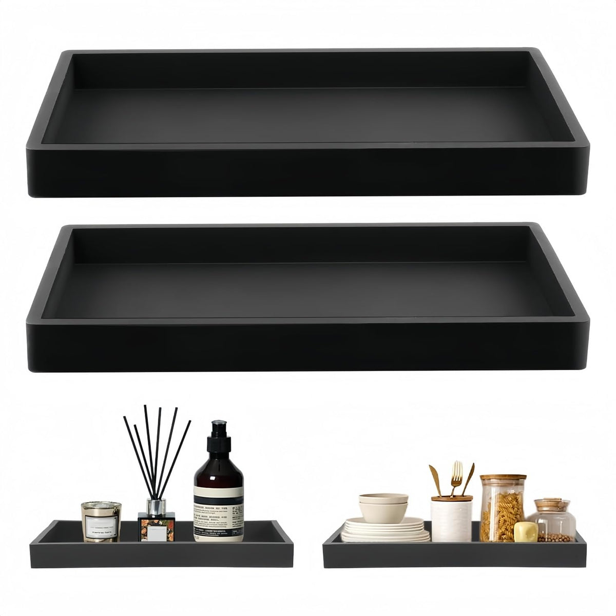 2 Pcs Black Bathroom Vanity Tray Rectangle Silicone Tray