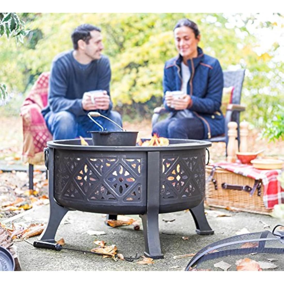 La Hacienda Moresque Deep Steel Firepit with BBQ Grill – Large Bowl