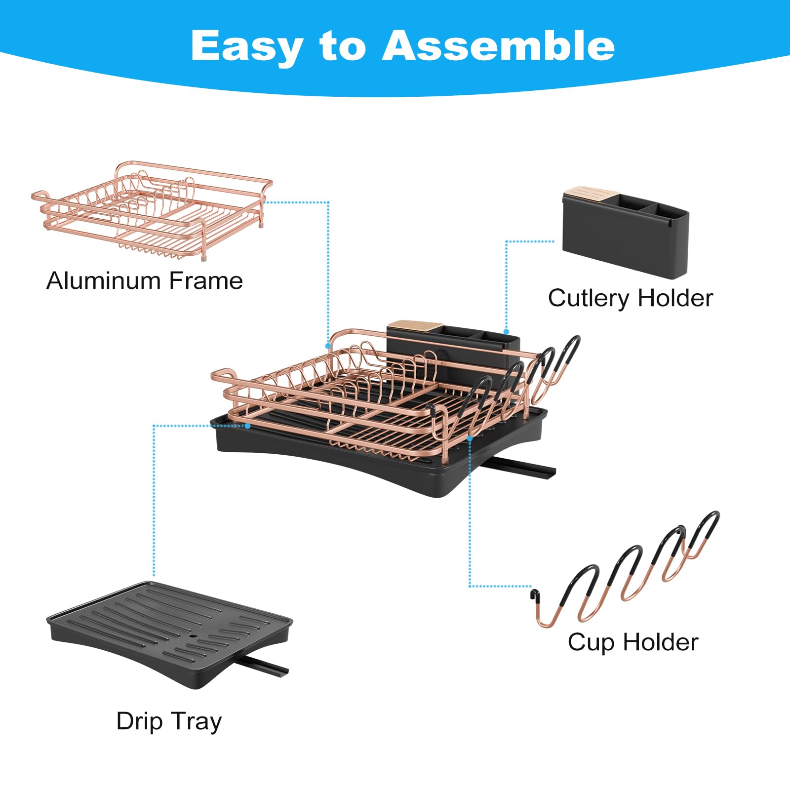 BRIAN & DANY Aluminum Dish Drying Rack | Rust-Free Drainer with 360° Spout