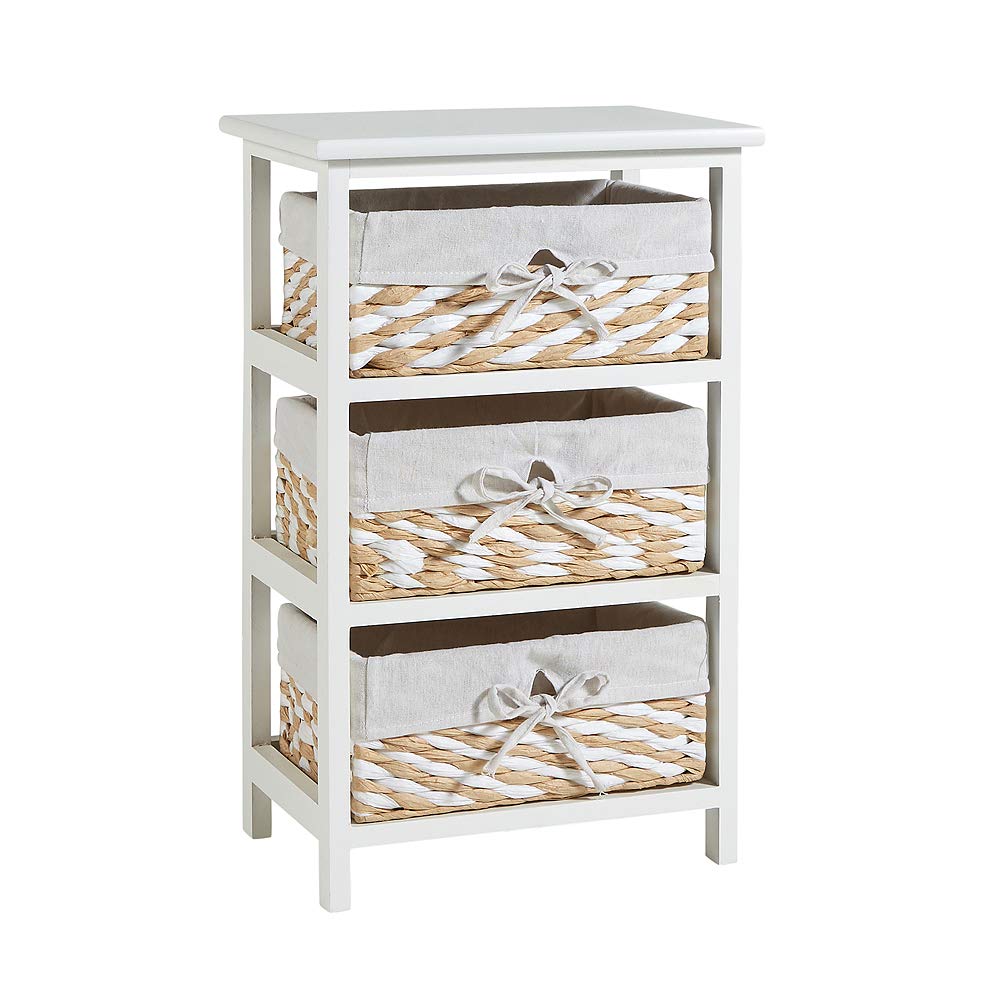 Home Source White Wooden Storage Chest with 3 Wicker Basket Drawers