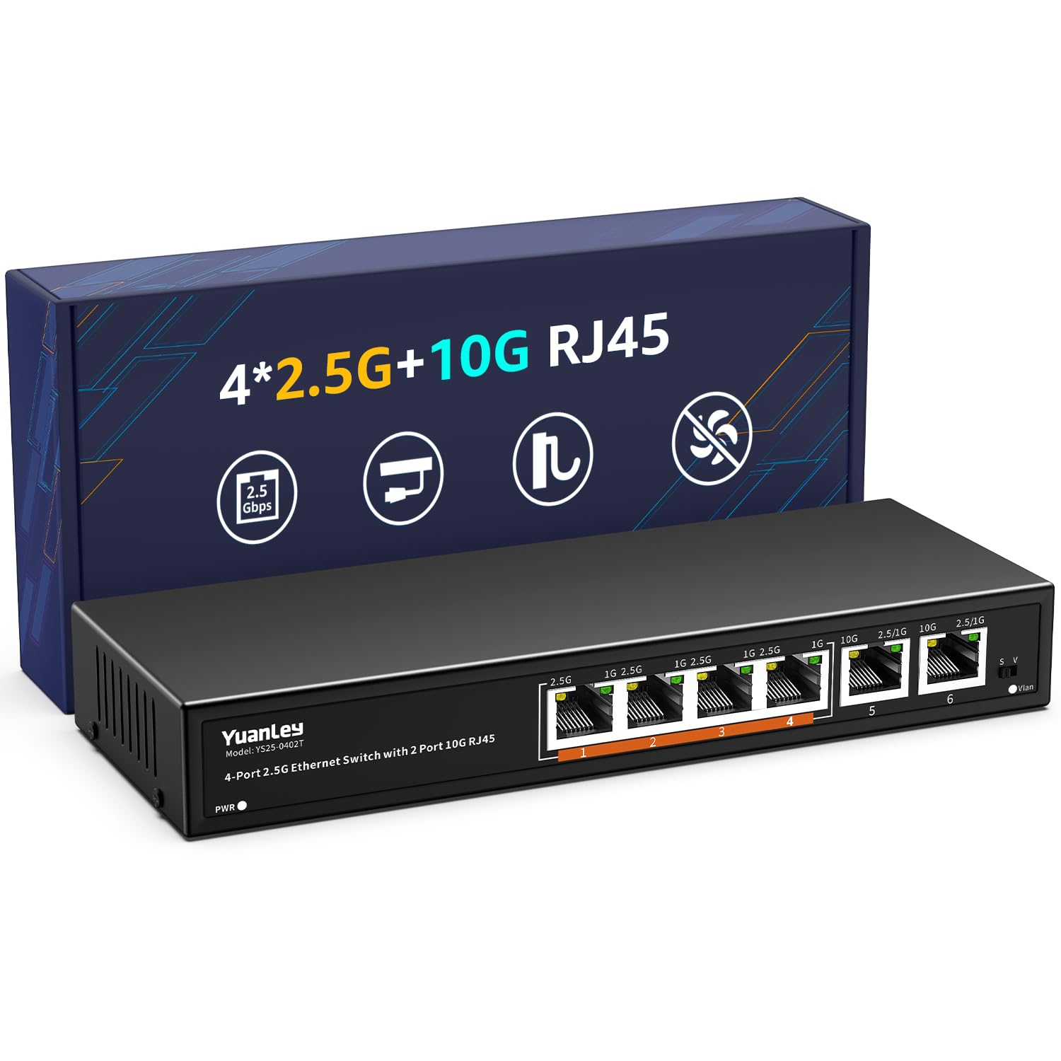 YuanLey 6 Port 10G Ethernet Switch – 4x 2.5G & 2x 10G RJ45 Metal Fanless