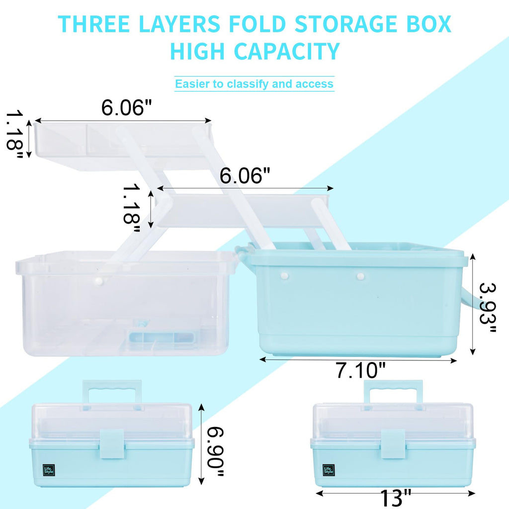 Creahaus 13" Multipurpose Storage Box with Compartments, Craft & Sewing Box with 2 Trays Blue