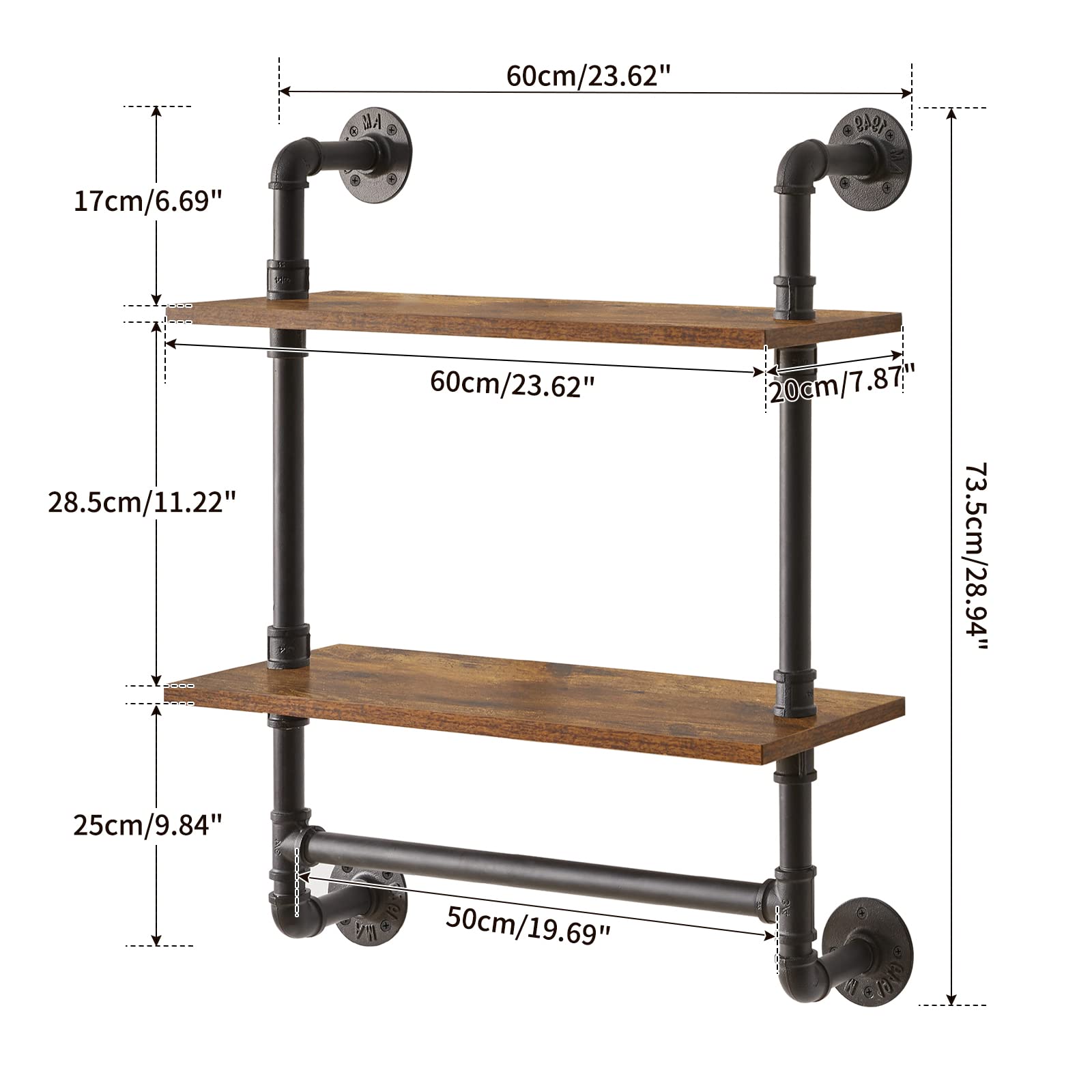 IBUYKE Industrial Pipe Floating Shelves | 2-Tier Rustic Wall Shelf
