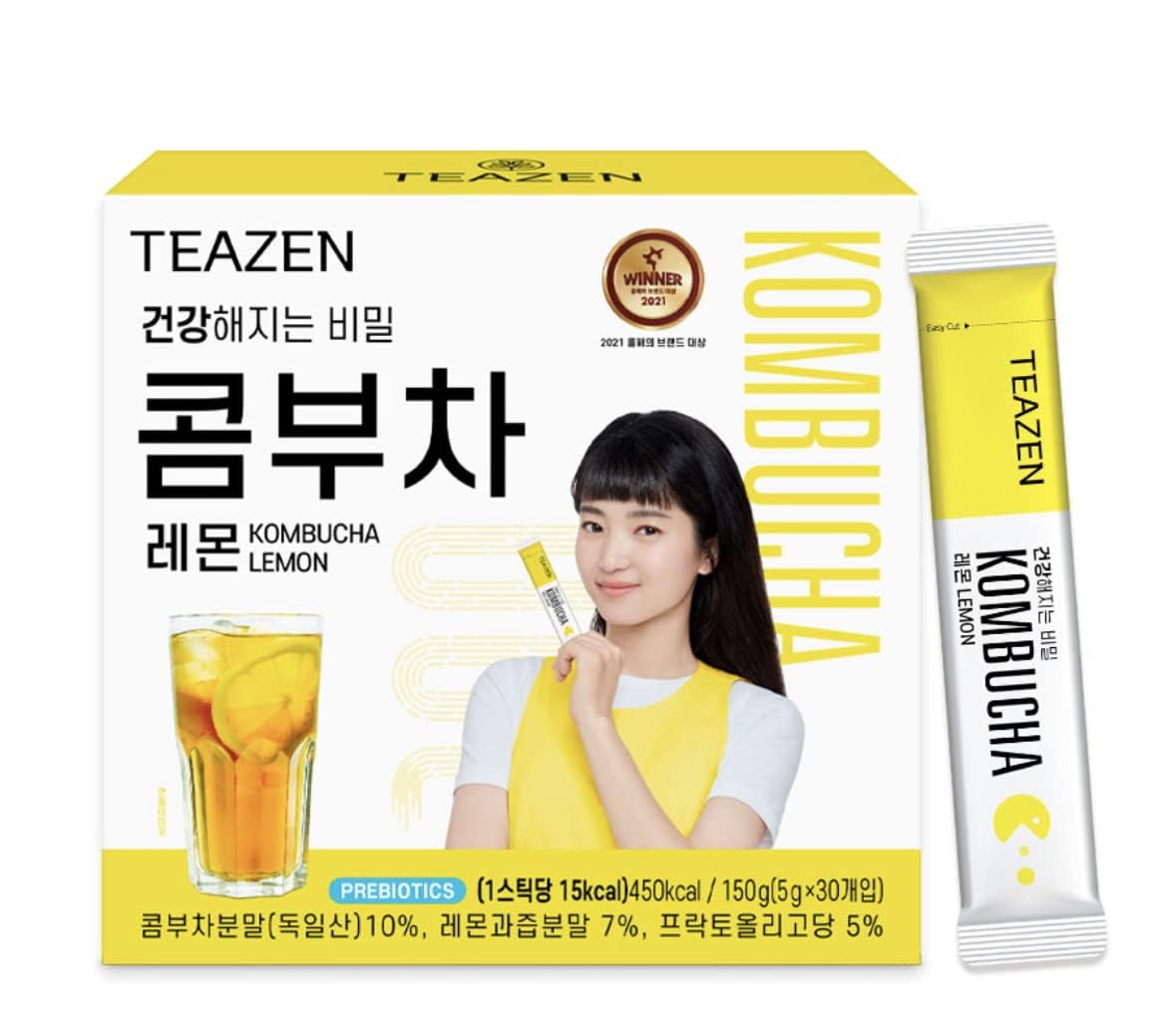 Teazen Lemon Kombucha Powder – Probiotic Instant Tea Drink Mix, 30 Sticks