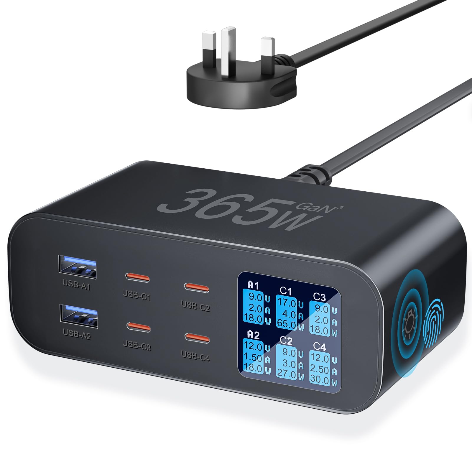 YSYFAD 365W 6-Port USB C Charging Station – GaN Fast Charger with LED