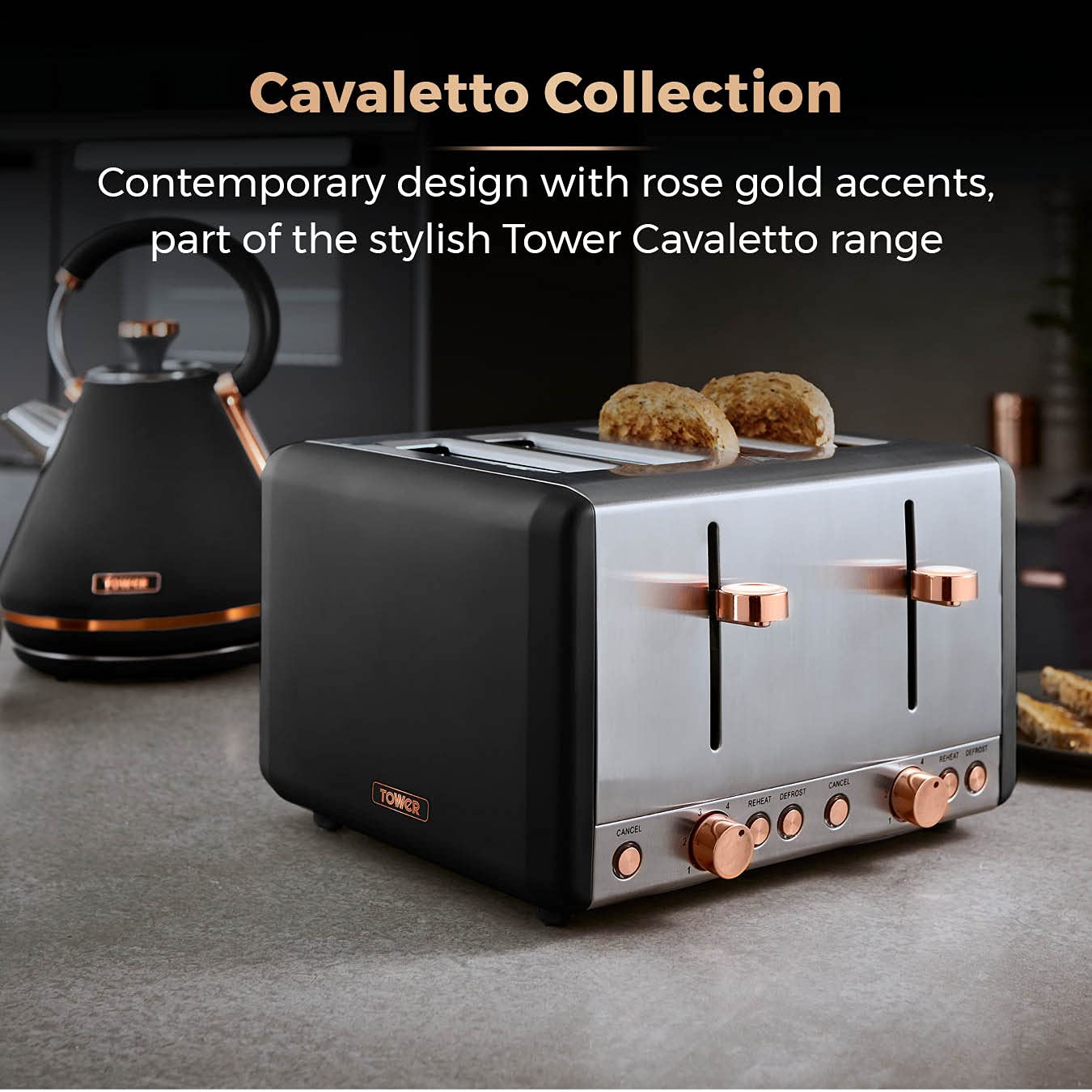Tower Cavaletto 4-Slice Toaster | Black & Rose Gold Stainless Steel