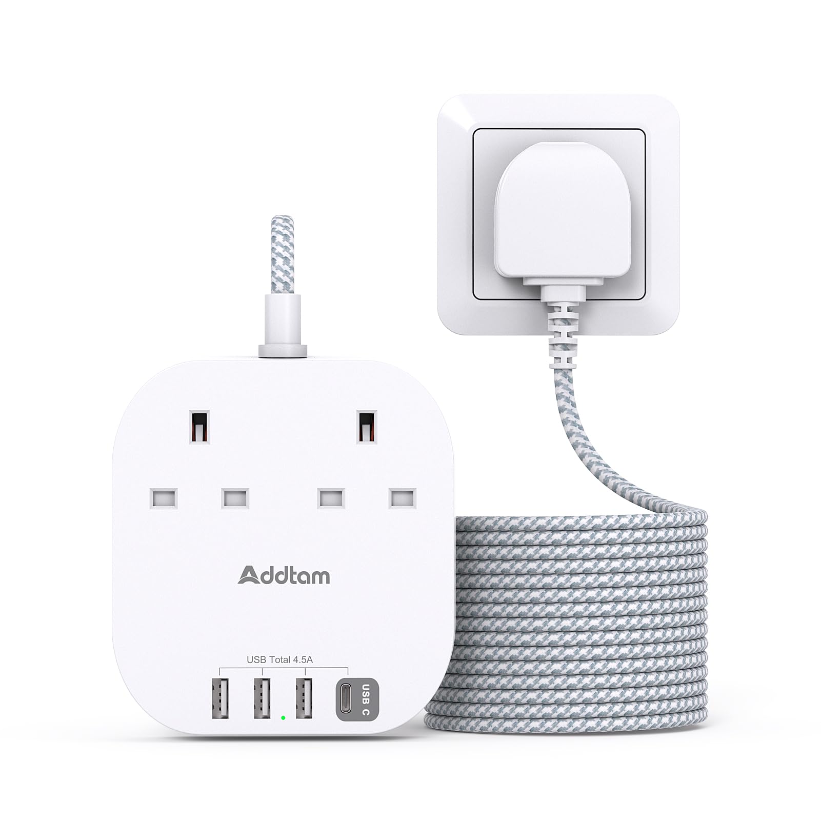 Jolof Store 5M Extension Lead – 2 Way Power Strip with 4 USB Ports