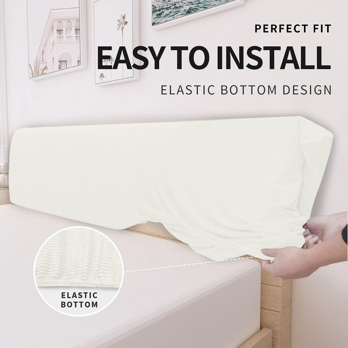 Easy-Going Stretch Bed Headboard Slipcover, Small Square Jacquard Furniture Cover, Dustproof Protector Cover for Bedroom Decor Queen, Cream