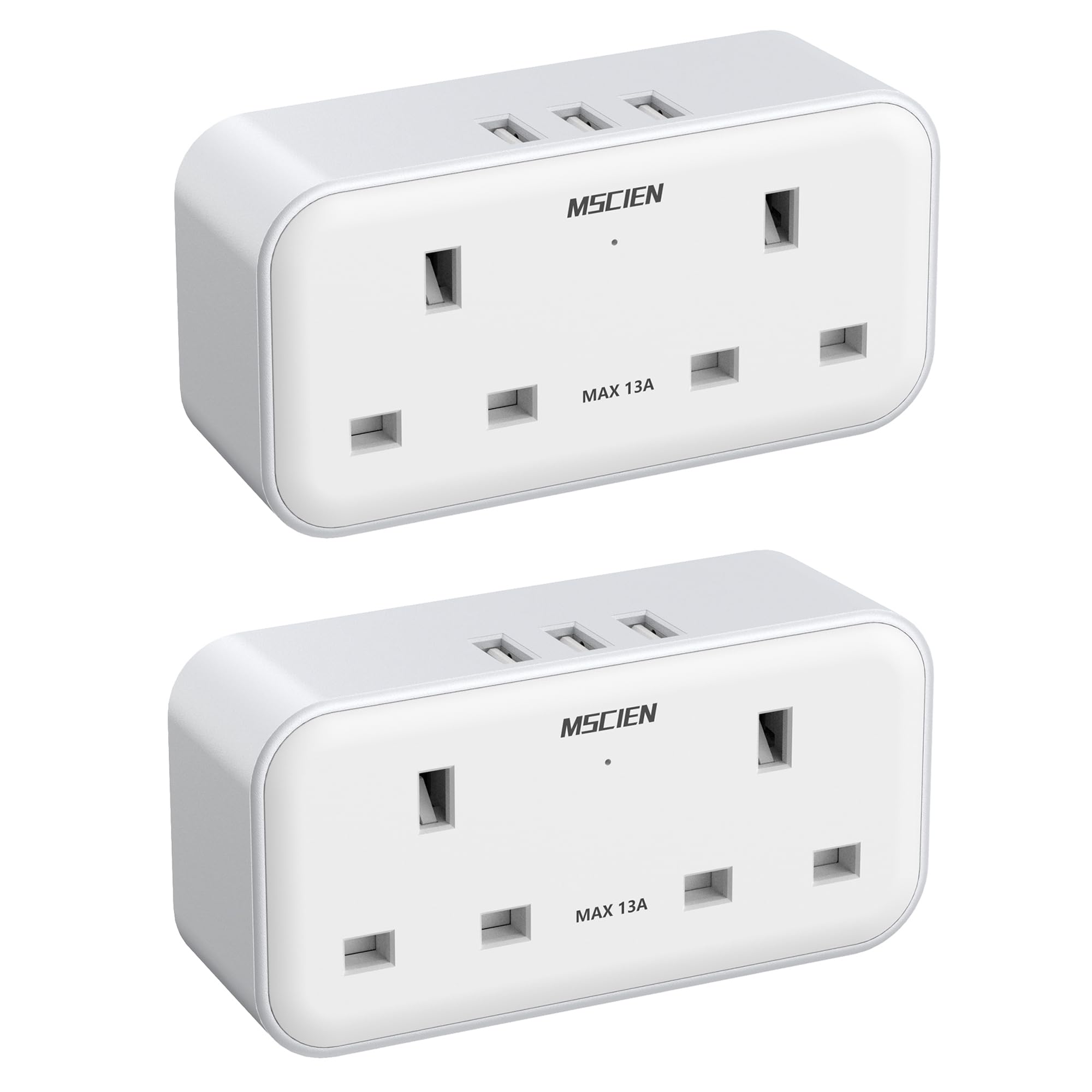 Mscien Multi Plug Extension with 3 USB Ports | 13A UK Wall Adapter (2 Pack)