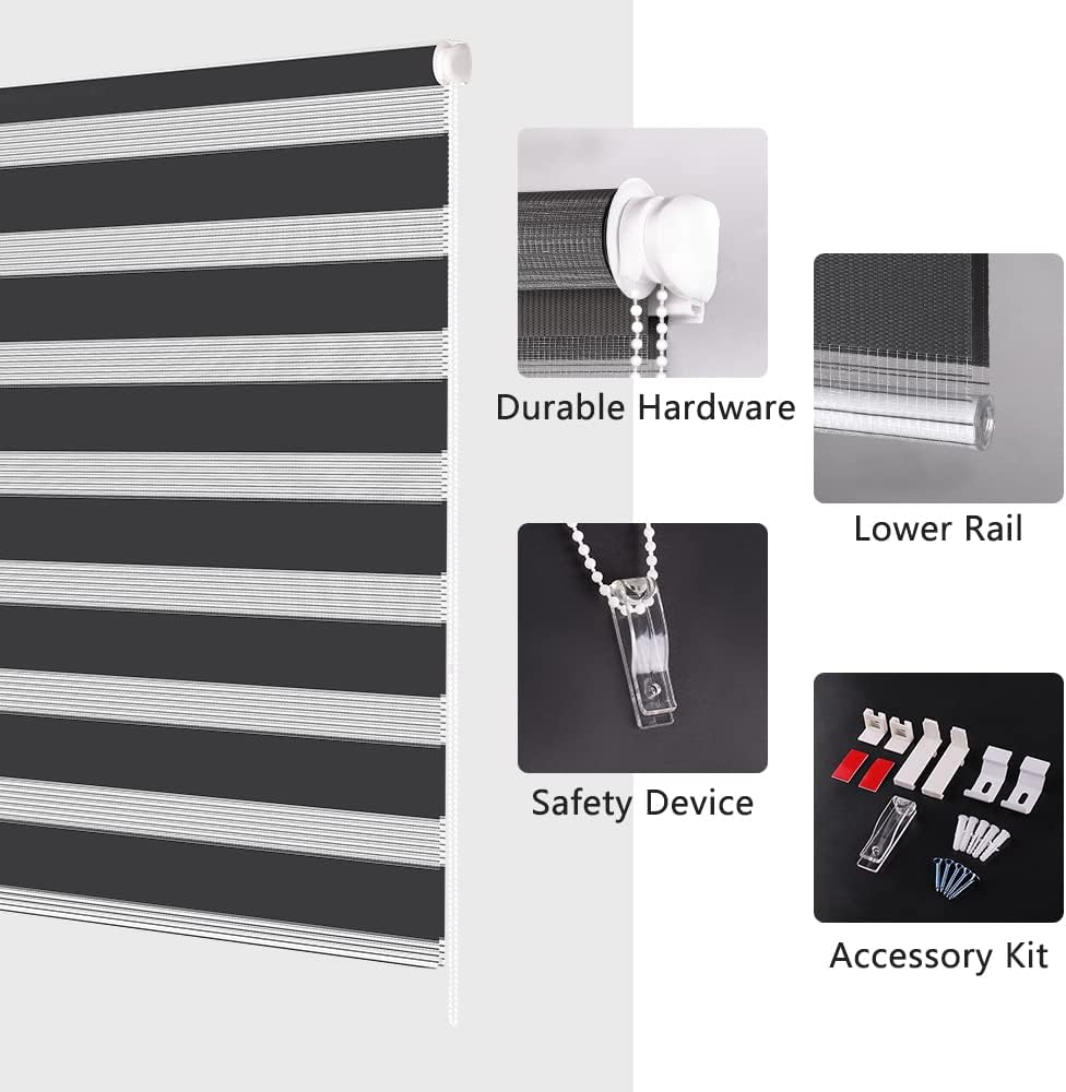 Kokorona Zebra Roller Blind - Dark Grey Light Filtering Shade - 60x230cm