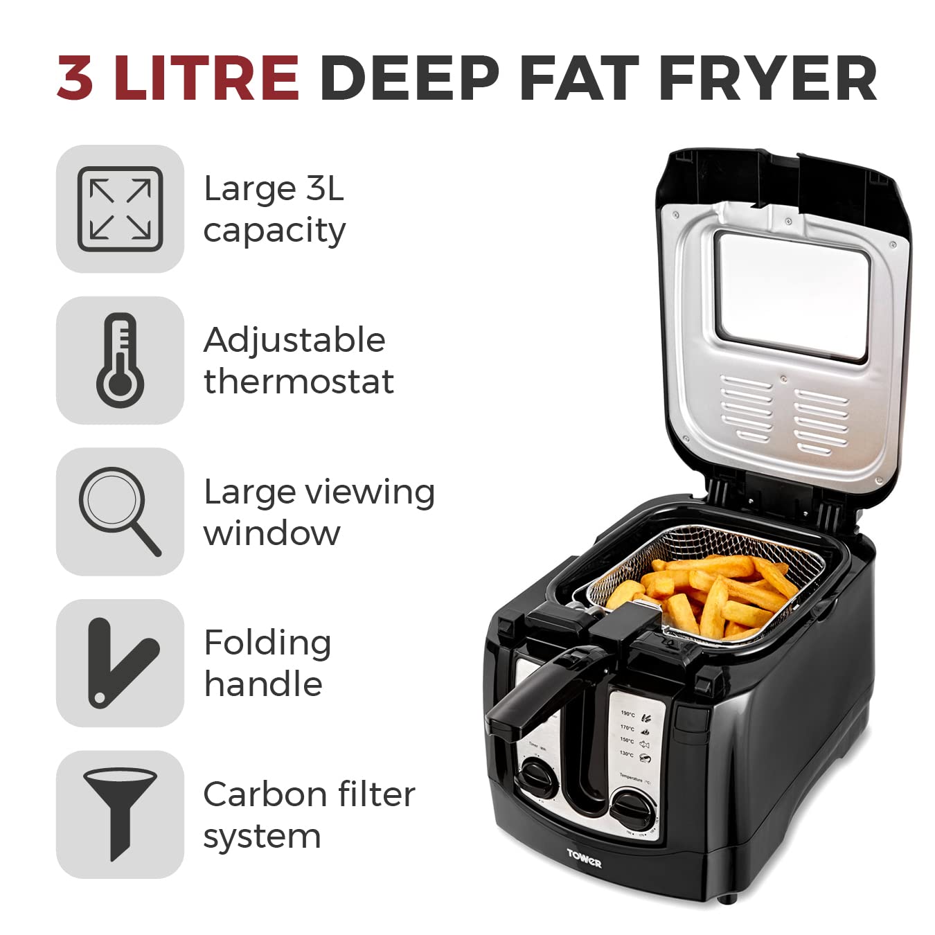 Tower Deep Fat Fryer | 3L Capacity with Adjustable Thermostat - 2300W