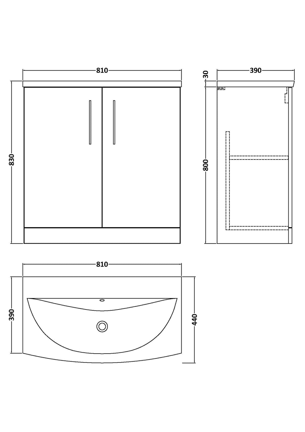 nuie ARN2505G Arno Modern Bathroom Floor Standing 2 Door Vanity Unit with Curved Ceramic Basin, 800mm, Woodgrain Solace Oak - image 2