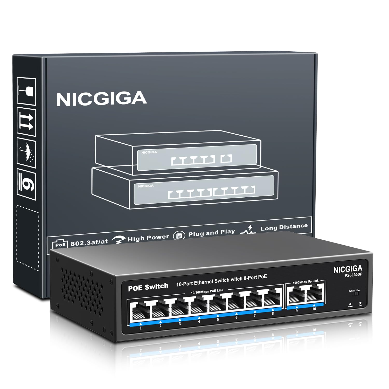 NICGIGA 10 Port PoE Switch | 8 Port 100Mbps PoE+ 120W | 2 Gigabit Uplink