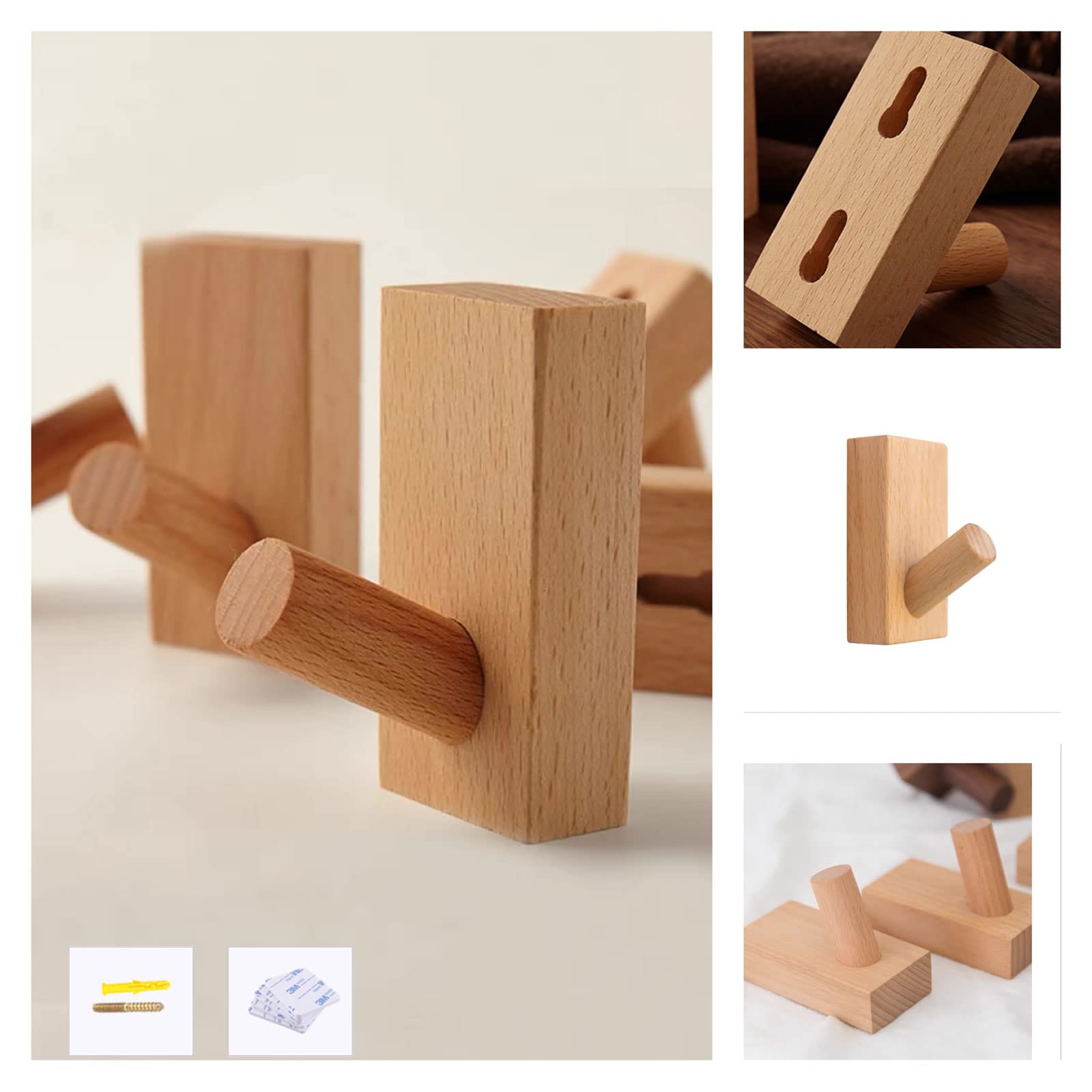 Wooden Wall Hooks – 4-Pack Natural Beech Wood Coat Rack