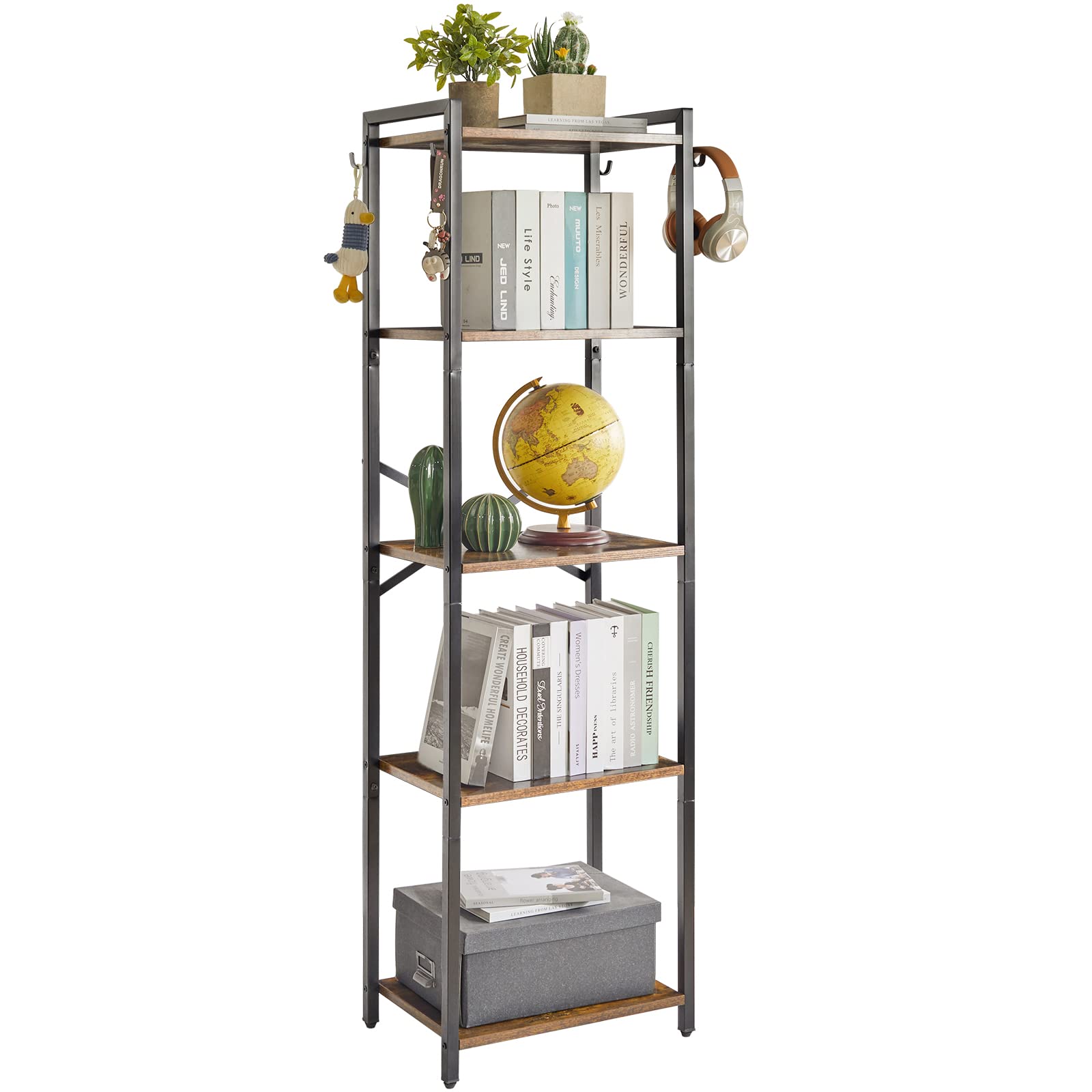 YMYNY 5-Tier Industrial Bookshelf – Rustic Brown Storage Rack