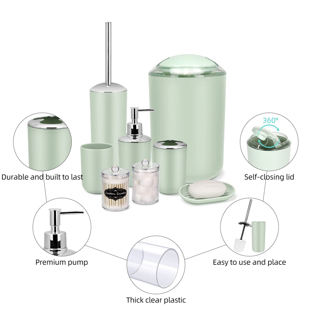 IMAVO 8-Piece Bathroom Accessory Set with Trash Can - Green Plastic Decor