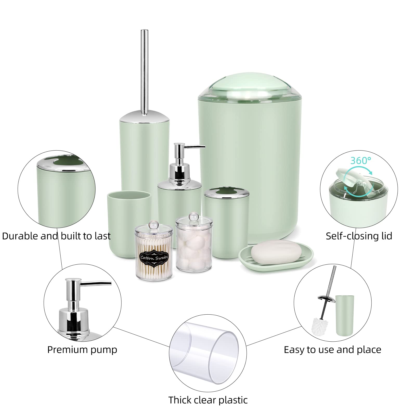 IMAVO 8-Piece Bathroom Accessory Set with Trash Can - Green Plastic Decor