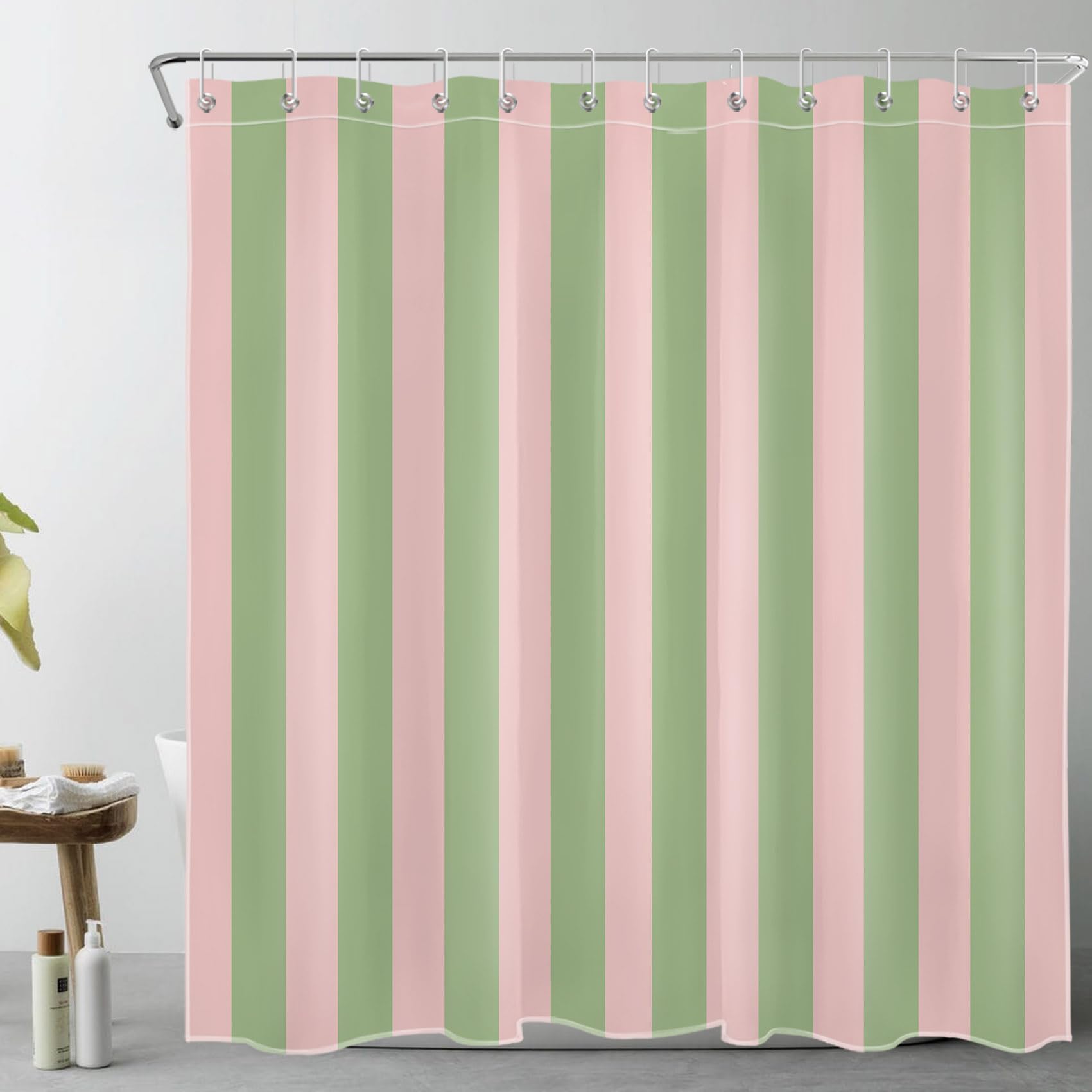 Jolof Store Green and Pink Striped Shower Curtain | Waterproof Polyester