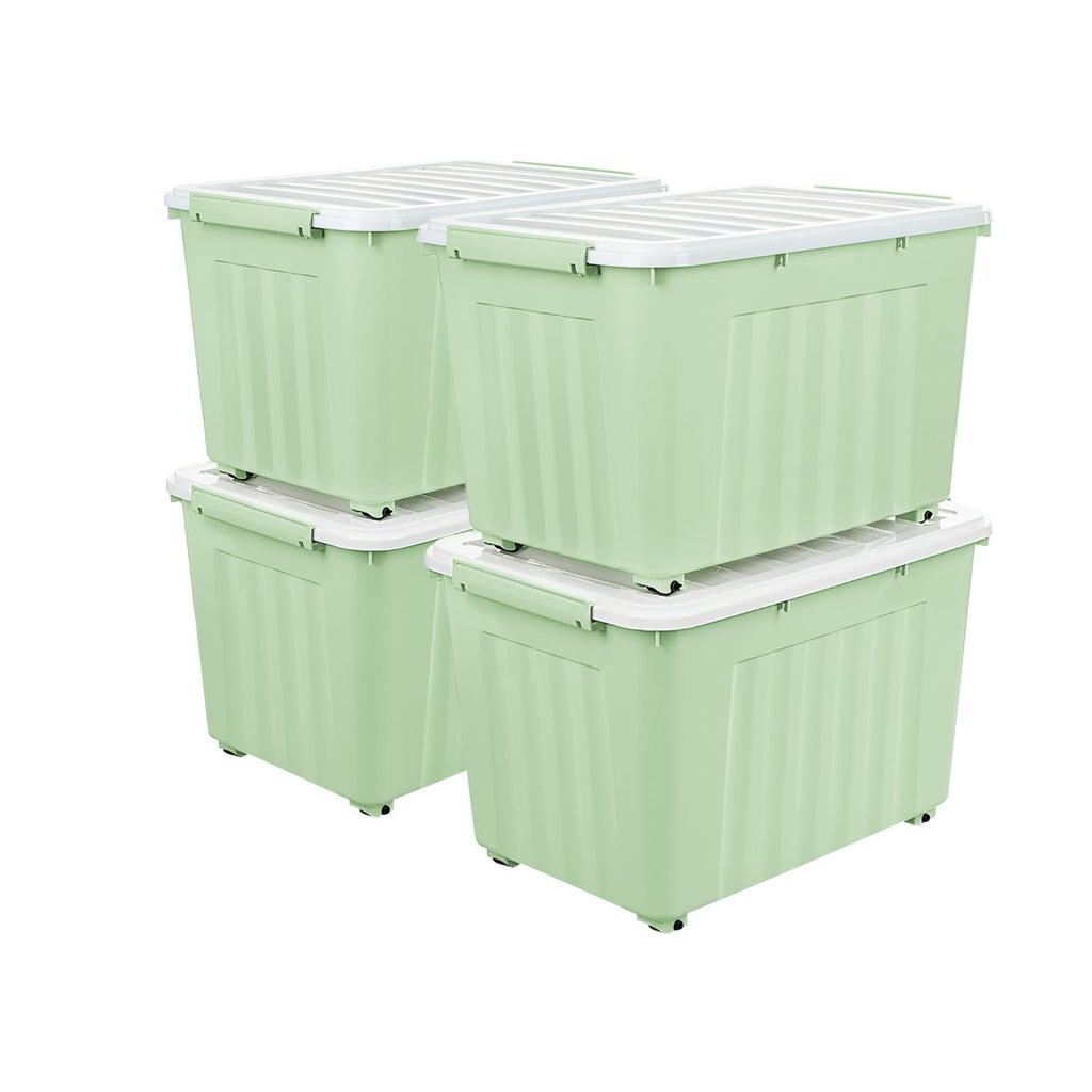 Cetomo 55L Plastic Storage Boxes with Wheels | Stackable 4-Pack – Green