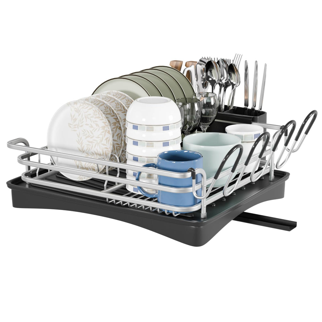 BRIAN & DANY Aluminum Dish Drying Rack with 360° Swivel Spout – Silver