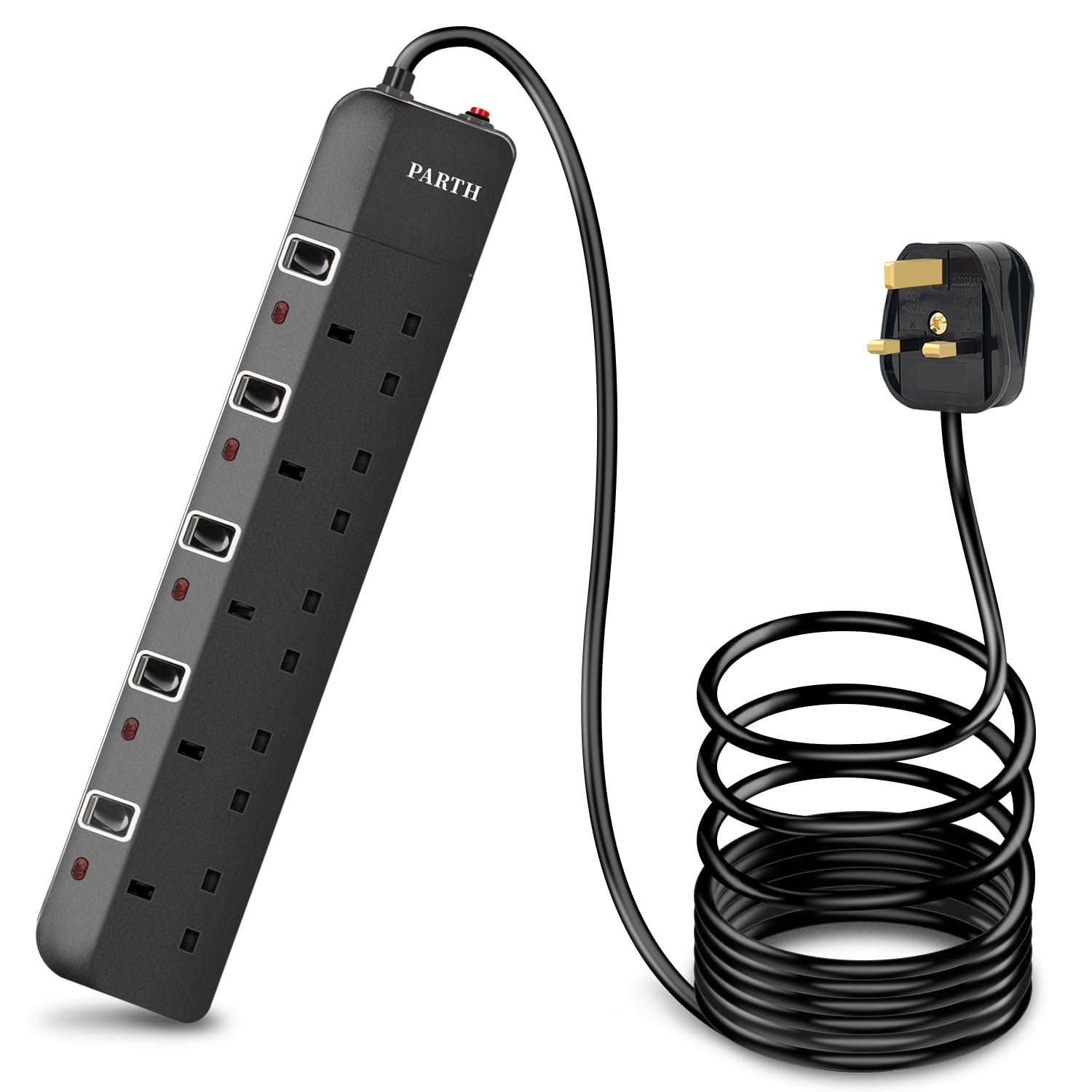 PARTH 5 Way Extension Lead - 4M Surge Protected Power Strip with Switches