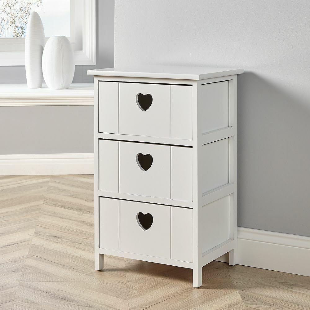 Home Source White 3-Drawer Bedside Cabinet – Heart Cutout Wood Chest