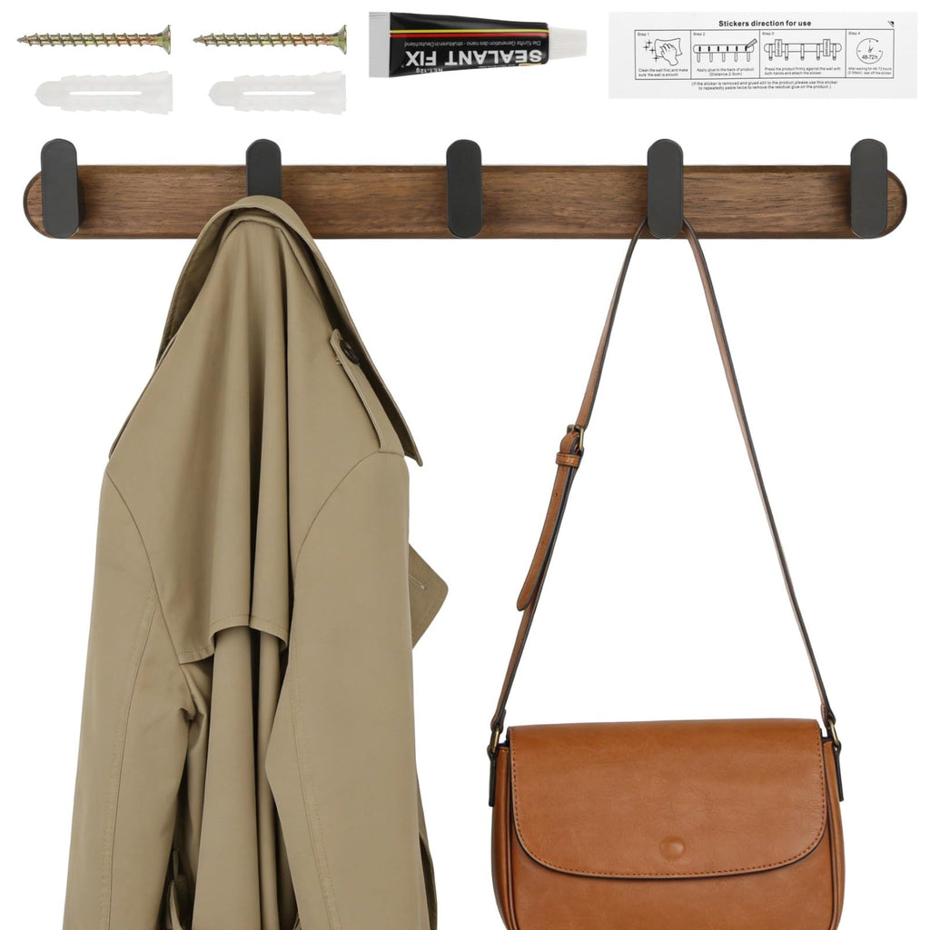 Varku Coat Hooks Wall Mounted, Walnut Wood Coat Hooks, Coat Rack Wall Mounted with 5 Hooks, No-Drill Installation - image 1
