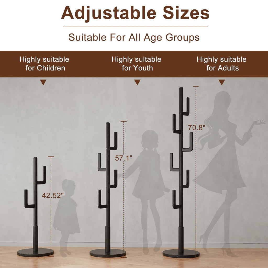 AQIMUELE Coat Stand, Woodem Coat Rack Stand - Cactus Design with 6 Hooks, Sturdy and Easy Assembly for Hallway Entryway, Hat Stand for Clothes Black - image 2