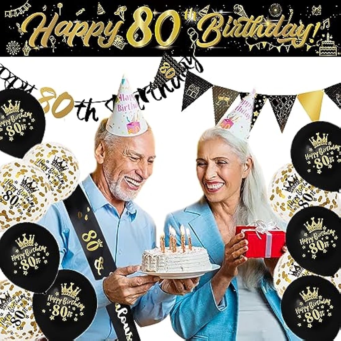 80th Birthday Decorations Kit - 14pc Gold & Black Party Set