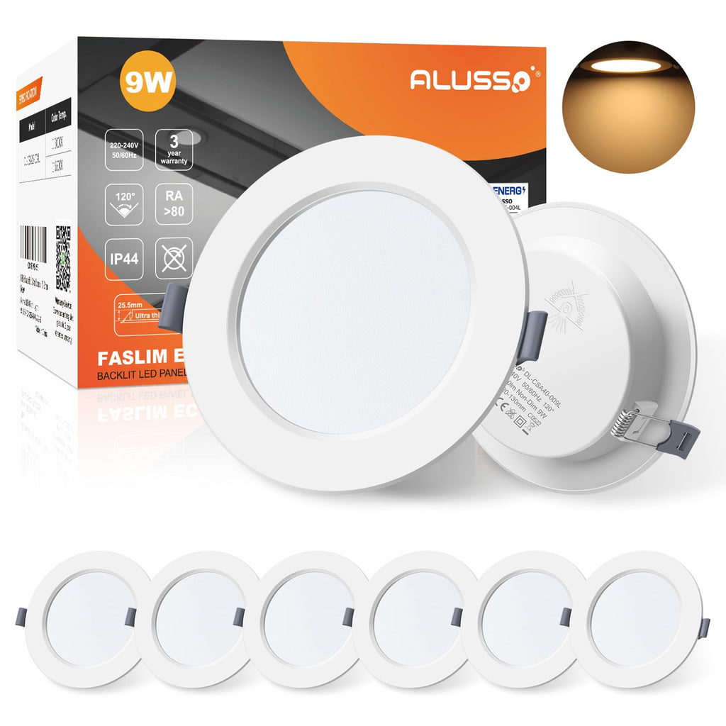 ALUSSO 9W Ultra Slim LED Downlights - 3000K Warm White IP44 (6 Pack)