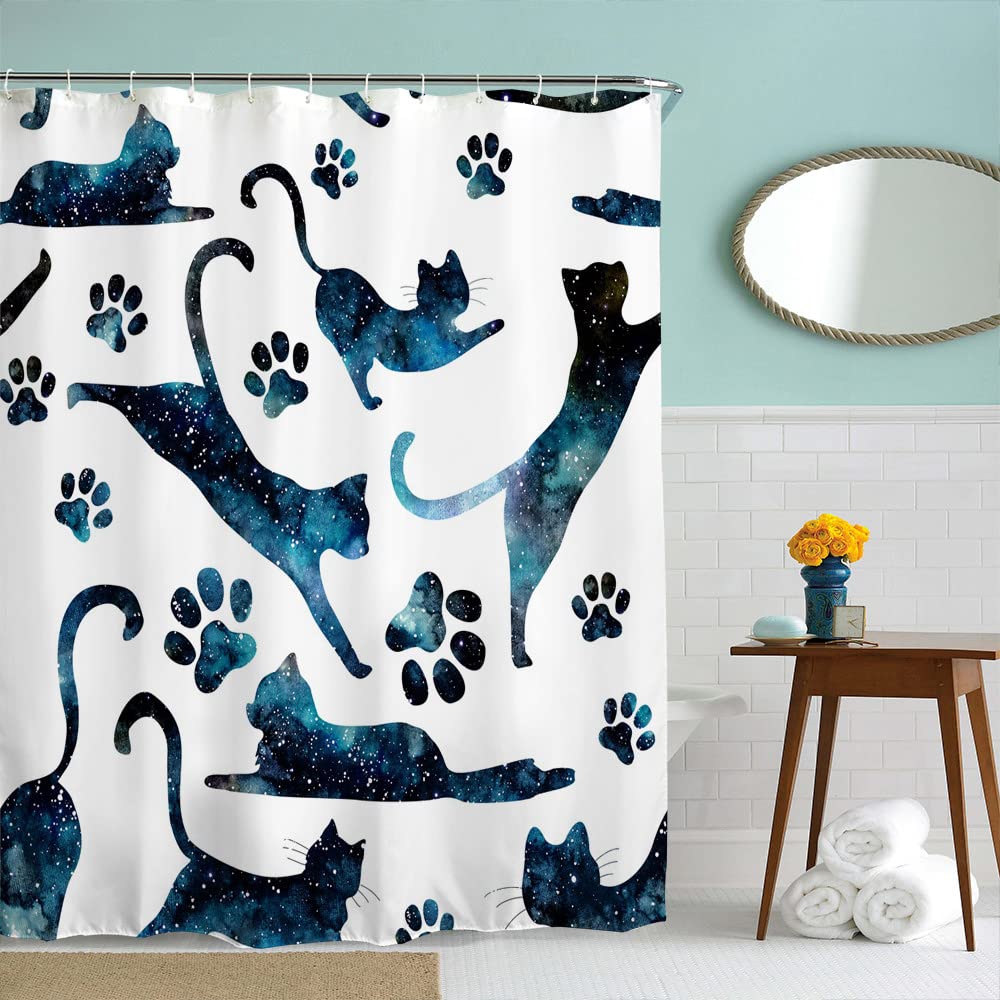 IcosaMro Cat Starry Night Shower Curtain - Waterproof Fabric, 71x72 In