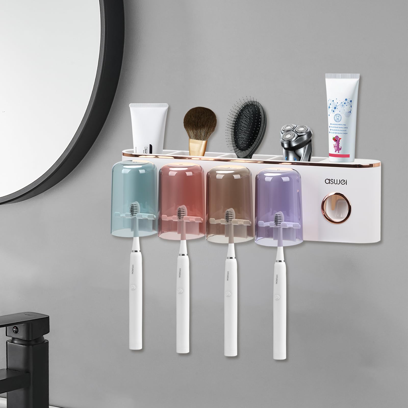 Wall Mounted Toothbrush Holder with Toothpaste Dispenser | 4 Cups