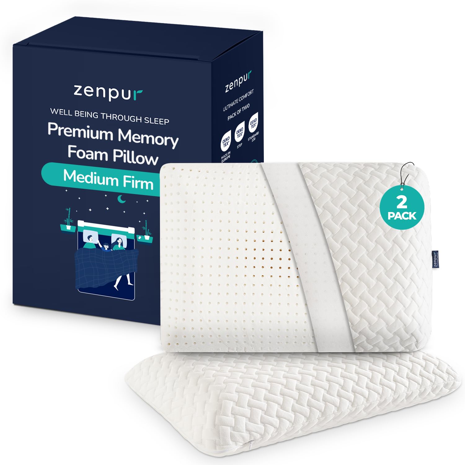 ZenPur Orthopedic Memory Foam Pillow – Cooling Bamboo Cover, 2-Pack