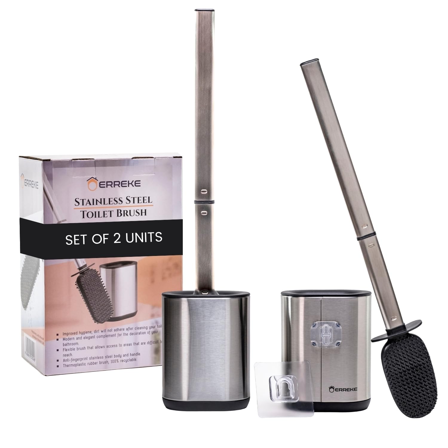 Erreke Set of 2 Silicone Toilet Brush | Stainless Steel Wall Mount Holder