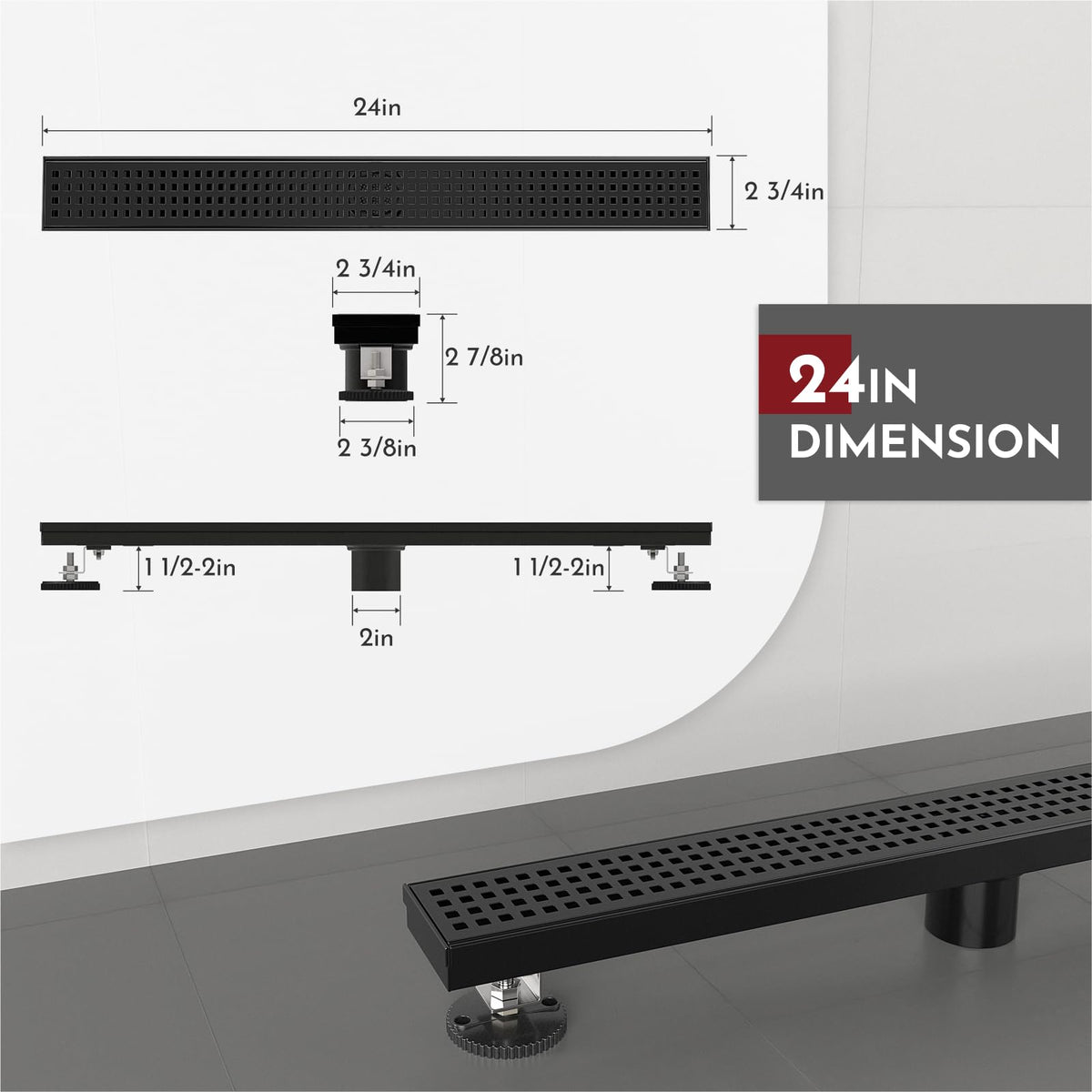 WEBANG 24 Inch Rectangular Linear Shower Floor Drain With Accessories,Quadrato Pattern Grate Removable,Food-grade SUS 304 Stainless - image 2