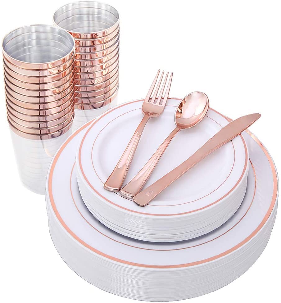LATERN 150-Piece Rose Gold Plastic Dinnerware Set | Reusable Party Plates