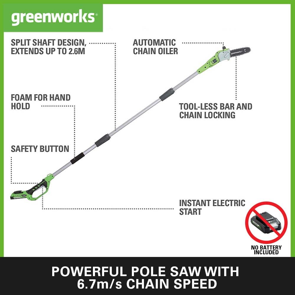 Greenworks G24PS20 24V Cordless Pole Saw | 20cm Bar & 2.6m Reach