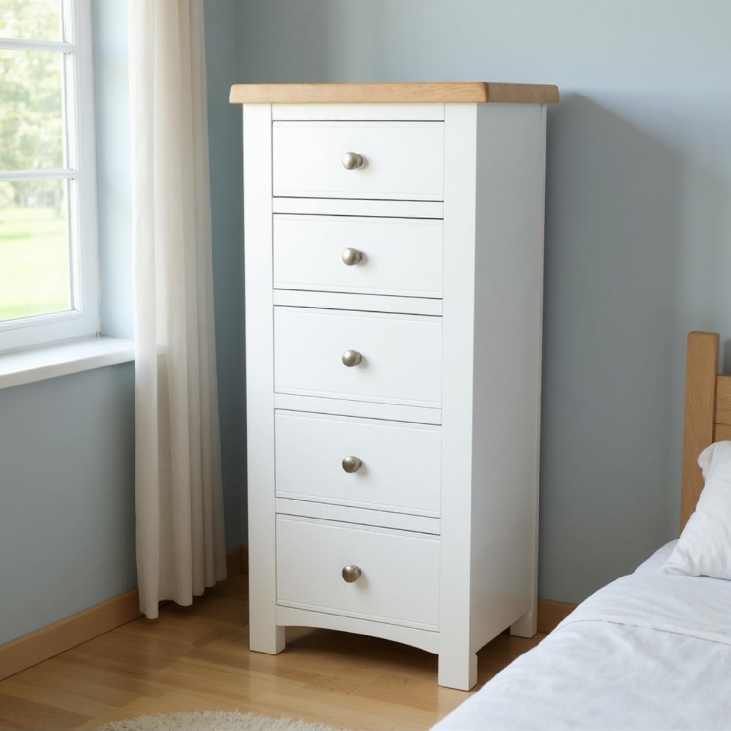 GROF Solid Wood 5 Drawer Slim Tallboy Chest - Fully Assembled White