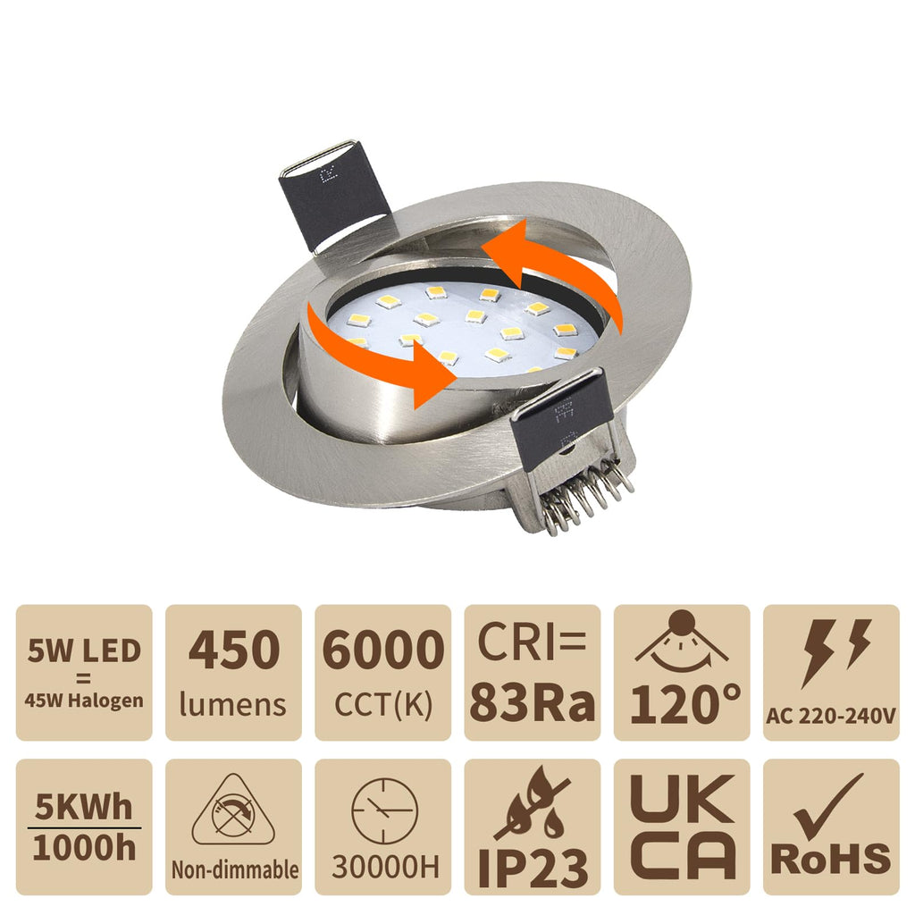 Wondlumi 6-Pack 5W Ultra Slim LED Recessed Downlights | Brushed Chrome