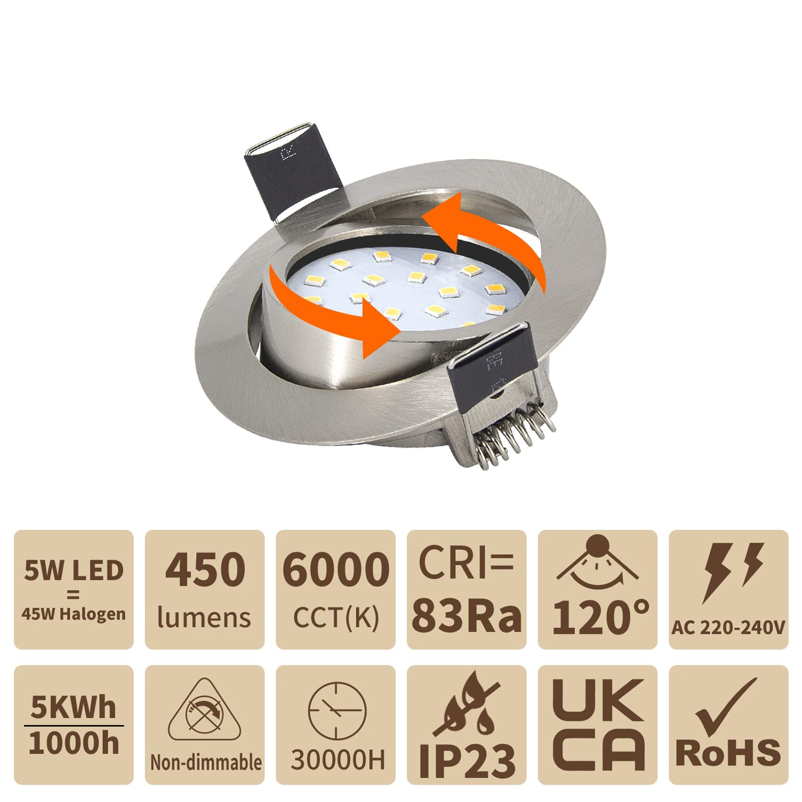 Wondlumi 6-Pack 5W Ultra Slim LED Recessed Downlights | Brushed Chrome