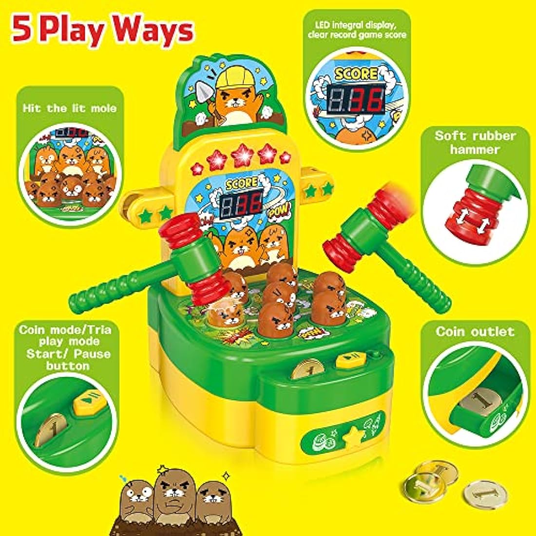 VATOS Whack-A-Mole Game – Mini Electronic Arcade Toy with 2 Hammers