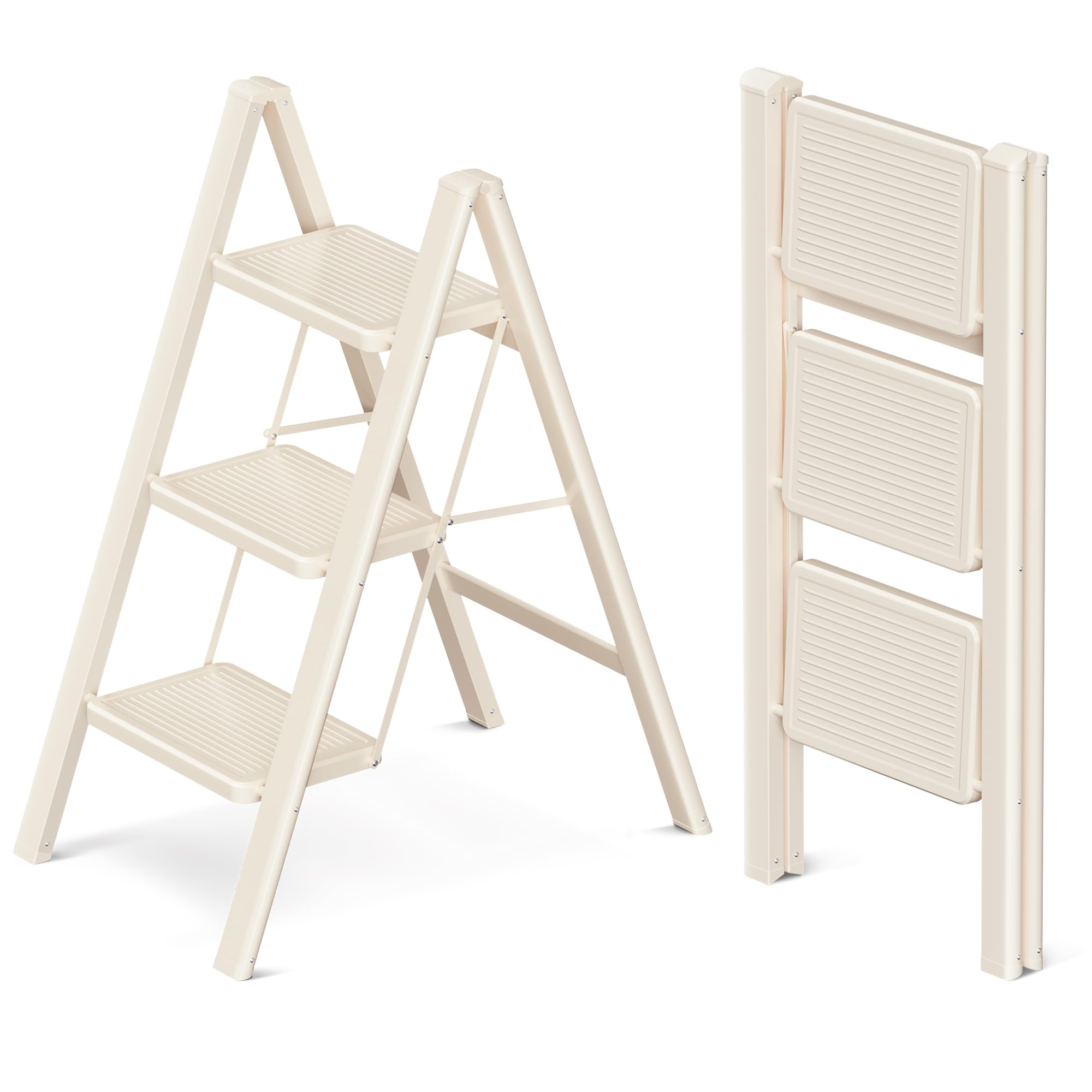 GameGem 3 Step Folding Ladder – Secure Wide Pedal Stool, Cream White